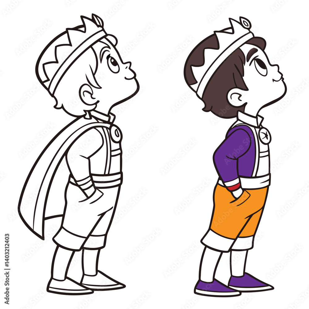 Cute Cartoon Prince Boy Looking Up – Coloring Book Page and Colored Version – Royal Character Vector for Kids Activities, Educational Content, and Fairytale Illustration Projects Cute Cartoon Prince Boy Looking Up – Coloring Book Page and Colored Version – Royal Character Vector for Kids Activities, Educational Content, and Fairytale Illustration Projects