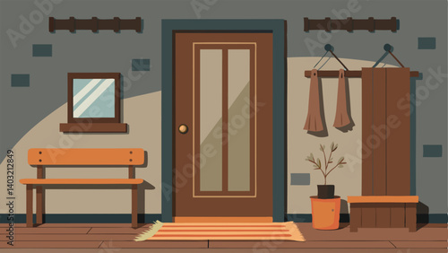 A rustic entryway with a wooden bench metal coat hooks and a vintage mirror hanging above.
