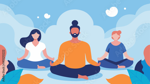 Guided Meditation A serene scene of people sitting with their eyes closed in a peaceful environment guided by a facilitator with soft waves gentle colors and calming imagery around