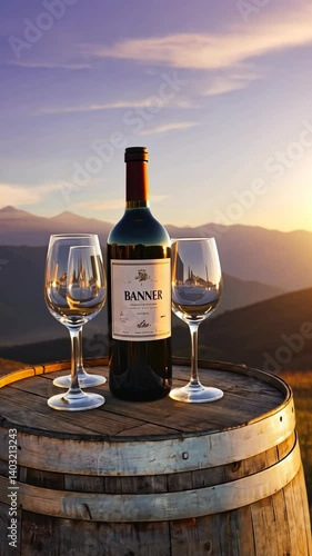 Elegant wine presentation with bottle and glasses on wooden barrel against scenic mountain backdrop, evocative of luxury lifestyle