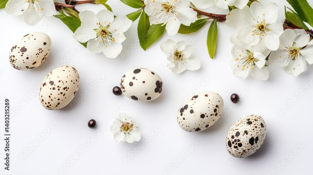 Obraz premium Springtime Quail Eggs & Blossoms Flatlay