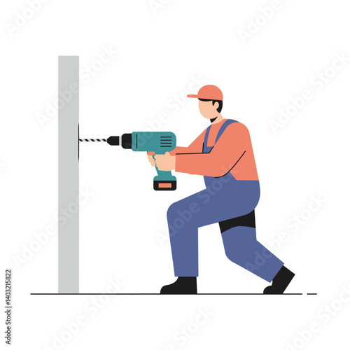 Construction worker drilling a wall against a plain background  