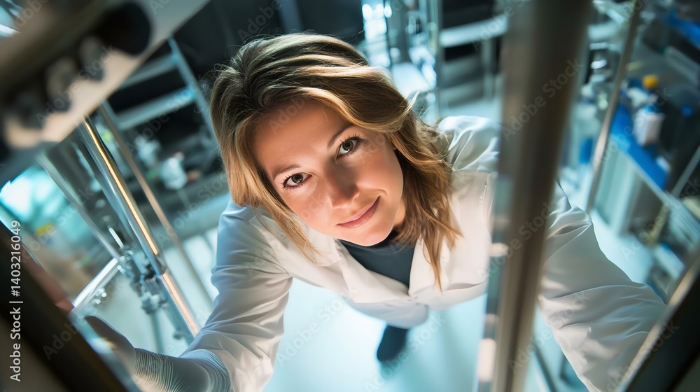 Fototapeta premium Female researcher in a laboratory focused on scientific experimentation and innovation, wearing a lab coat and gloves, engaging in her work.