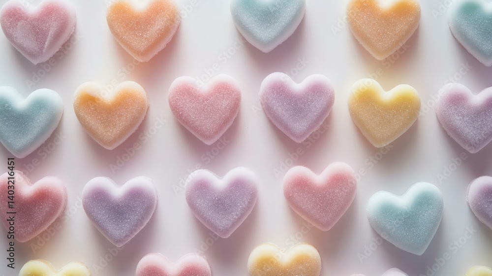 Obraz premium Colorful heart-shaped gummy candies arranged in a perfect pattern, featuring pastel shades of pink, blue, and yellow on a white background.