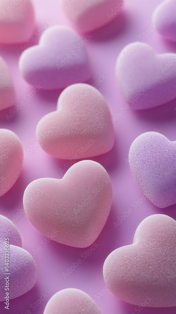 Obraz premium Colorful heart-shaped sponges in pink and purple hues on a soft pastel background, perfect for Valentine's Day and romantic themes.