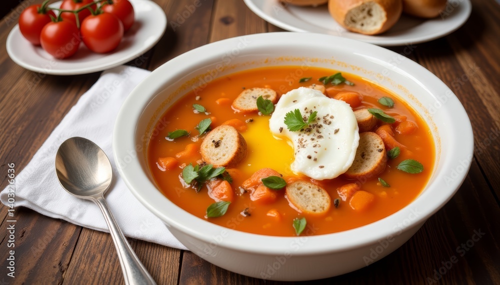 Delicious rustic bread soup açorda with poached egg, culinary delight Delicious rustic bread soup açorda with poached egg, culinary delight