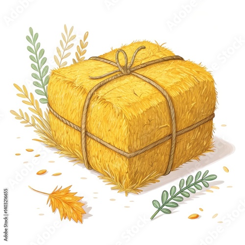 a bale of golden hay tied with twine rural agriculture on white background
