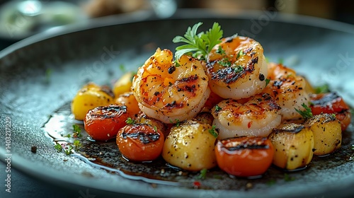 Delicious grilled shrimp with colorful roasted vegetables, featuring vibrant tomatoes and potatoes, garnished with fresh herbs on a stylish plate.