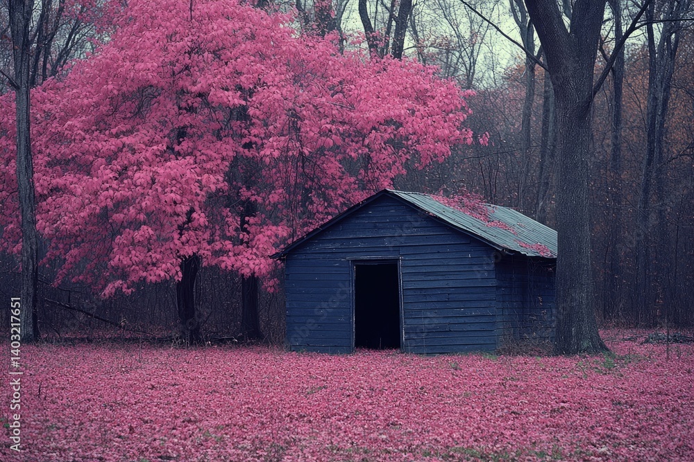 Small building in pink leaves, with trees in a pink and neutral colored forest