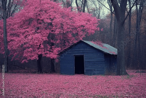 Obraz na płótnie Small building in pink leaves, with trees in a pink and neutral colored forest w salonie