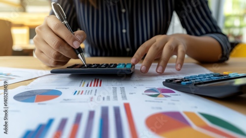 Woman calculating finances, office, charts, graphs, business