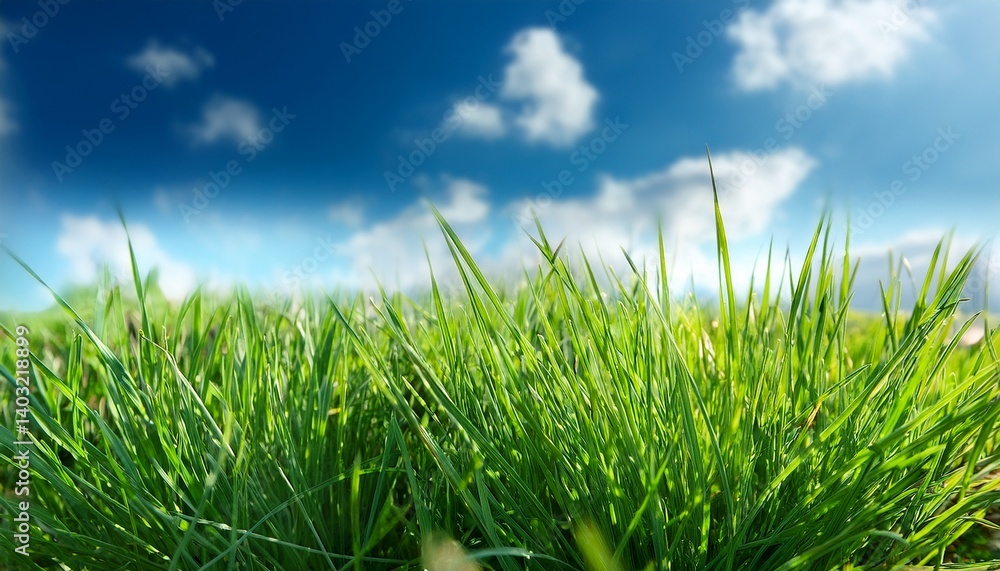 Fototapeta premium Green Grass Close Up with Blue Sky and Clouds