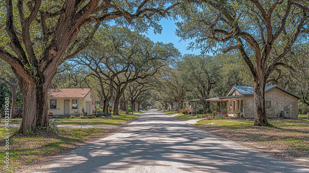 Tranquil country road lined with tall oak trees and quaint homes Tranquil country road lined with tall oak trees and quaint homes