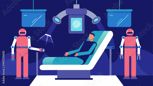 Treatment Room A futuristic treatment room equipped with robotic arms and advanced imaging systems where a patient is receiving gene therapy via a comfortable hightech chair.