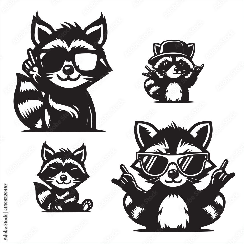 Funny raccoon in sunglasses showing a rock gestureon Funny raccoon in sunglasses showing a rock gestureon