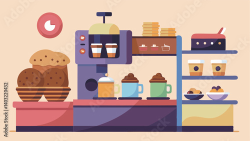 In one corner a coffee station with a builtin espresso machine and a selection of pastries is available for attendees.