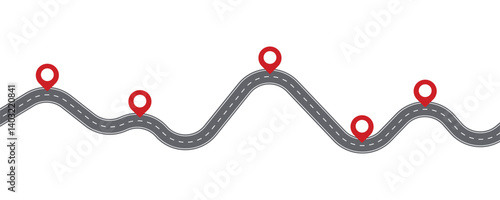 Abstract vector illustration of curve winding asphalt road infographic isolated on a transparent background. Way location, direction, highway, transportation, timeline concept template
