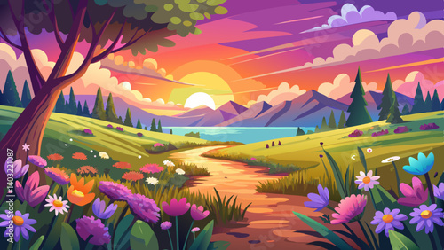 landscape with the blossoming meadow at sunrise