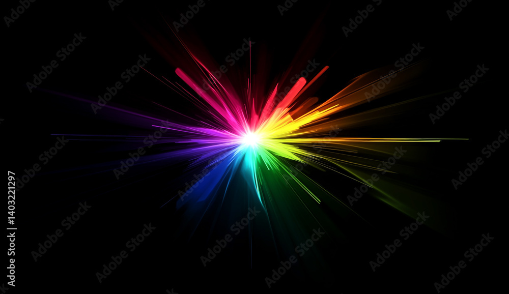Obraz premium Radiant beams of colorful light, dynamic bursts of vibrant explosions, glowing streaks, and motion blur combine to form a vivid, energetic background.