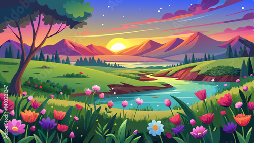 landscape with the blossoming meadow at sunrise