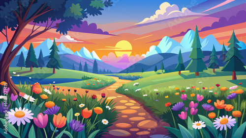 landscape with the blossoming meadow at sunrise