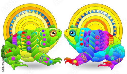 A set of illustrations in the style of stained glass with toads , animals isolated on a white background