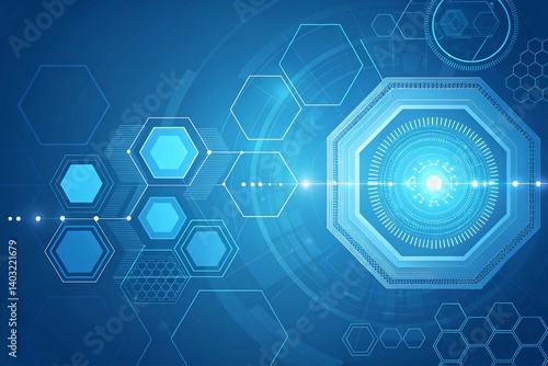 Futuristic Technology: Captivating digital artwork showcasing a vibrant blue futuristic interface with interconnected technological elements and geometric shapes.