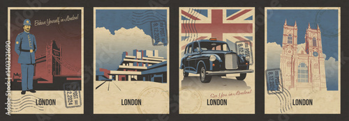 London's Main Attractions Retro Postcard Style Vector Illustrations. London's Cab and United Kingdom Flag, Westminster Abbey Facade, National Theatre, Tower Bridge and Policeman. Postal Imprints, Old 
