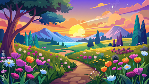 landscape with the blossoming meadow at sunrise