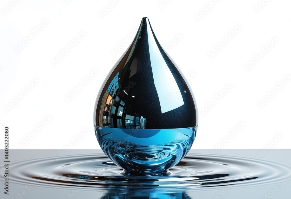 Fototapeta premium Isolated Metallic Water Drop Sculpture on White Background for Conceptual Use