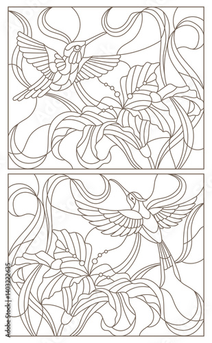 Wallpaper Mural A set of contour illustrations of stained glass Windows with hummingbirds and lilies, dark outlines on a white background Torontodigital.ca