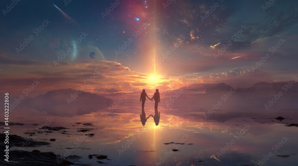 Fototapeta premium Digital Metamorphosis Art of Cosmic Landscape with Two Figures