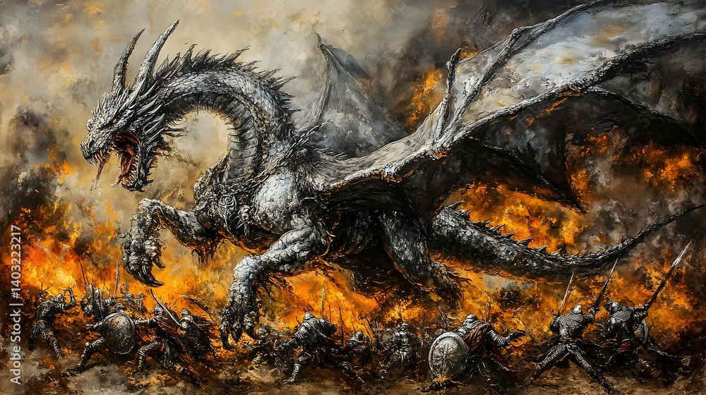 A colossal dragon descends upon a battlefield engulfed in flames. A colossal dragon descends upon a battlefield engulfed in flames.