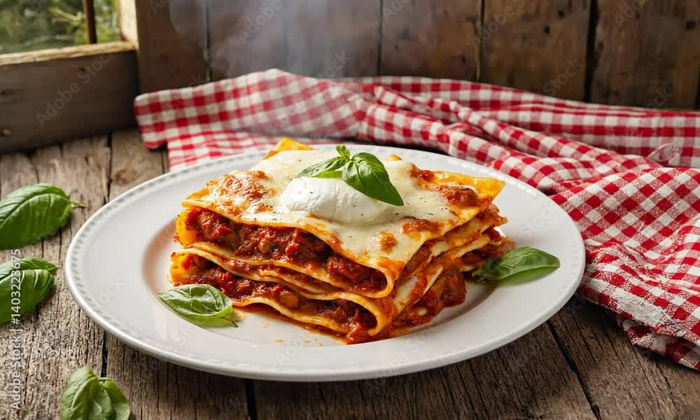 Serving Hot Lasagna with Fresh Basil on Wooden Table Slow Motion Serving Hot Lasagna with Fresh Basil on Wooden Table Slow Motion
