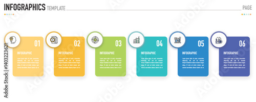 Rectangular infographic template or element with 6 step, process, option, colorful rectangle, icons, triangle, paper origami, button, tag, circle, circular, square bar for sale slide, internet planner