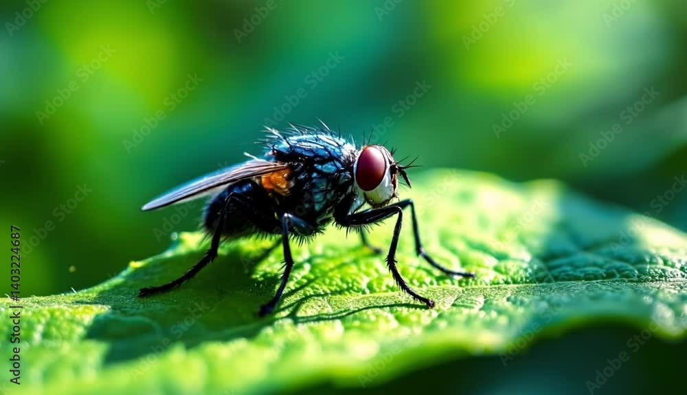 Close Up Of A Fly Perched On A Green Leaf, With Detailed Eyes And Legs, Under Sunlight Close Up Of A Fly Perched On A Green Leaf, With Detailed Eyes And Legs, Under Sunlight