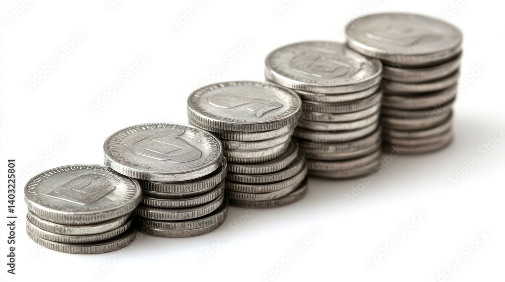 Coins rising graph, white background, financial growth, wealth concept, investment Coins rising graph, white background, financial growth, wealth concept, investment