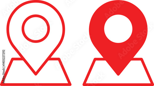 Red map pins, location markers, navigational icons, minimalist design, bold outlines, graphic symbols, white background, simple shapes,