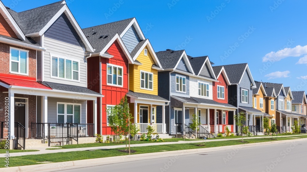 Colorful Modern Townhouses in a Row Under Bright Blue Sky Colorful Modern Townhouses in a Row Under Bright Blue Sky