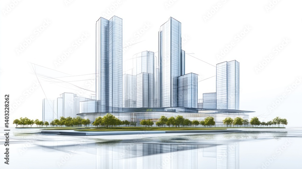 Obraz premium Architectural sketch of a modern cityscape with high-rise buildings.