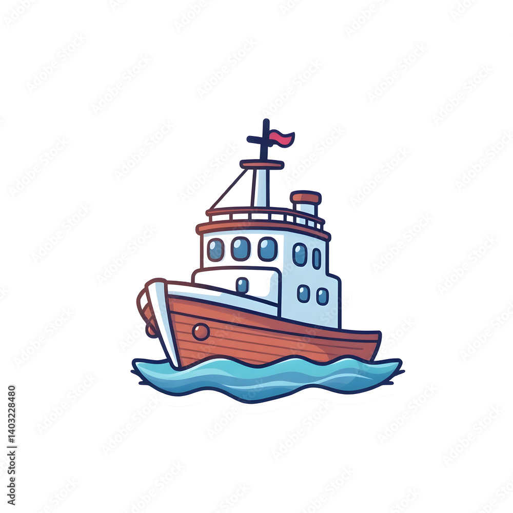Obraz premium Abstract vector kawaii style ship sticker with bright lens flare contrasting colors and contour lines set against a big white background art illustration design