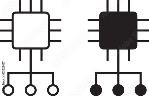 Minimalist circuit diagram, microchip icons, black and white design, symmetrical layout, electronic components