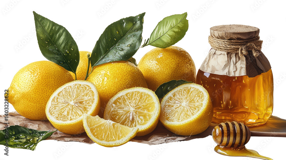 Lemons and Honey: A still life featuring vibrant yellow lemons, some sliced open to reveal their juicy interiors, alongside a jar of golden honey and a honey dipper. Lemons and Honey: A still life featuring vibrant yellow lemons, some sliced open to reveal their juicy interiors, alongside a jar of golden honey and a honey dipper.