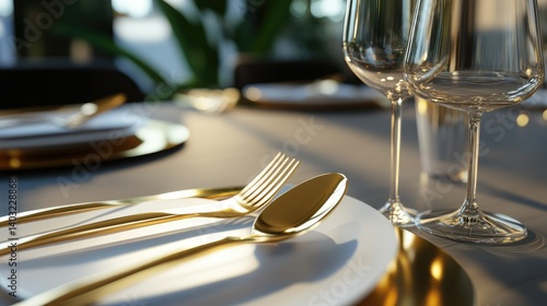 Golden spoon, fork, and knife on a sophisticated dining table, luxury restaurant ambiance