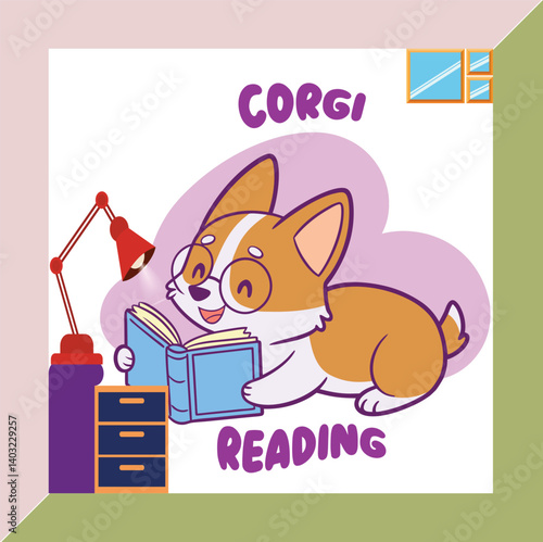 A charming Corgi dog with glasses, deeply engaged in reading a book 