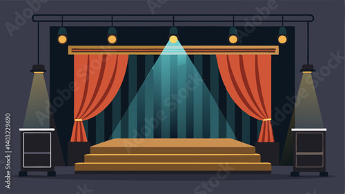 A stage with a black curtain backdrop and spotlights set up for a dance performance.