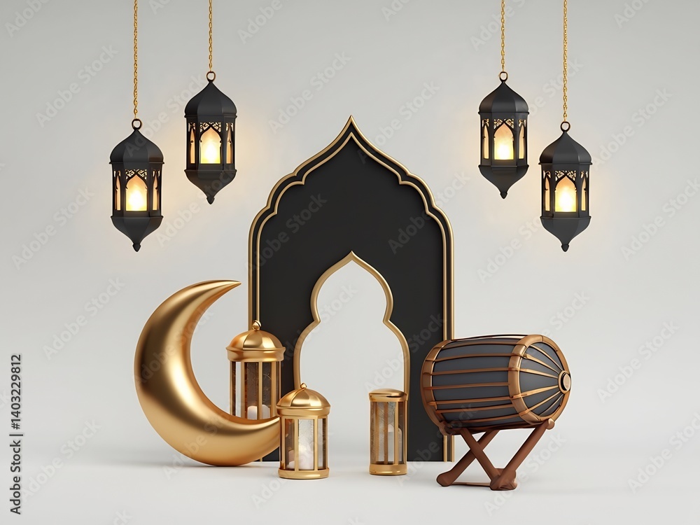Obraz premium Ramadan Festive Decorations with Golden Crescent Moon and Lanterns