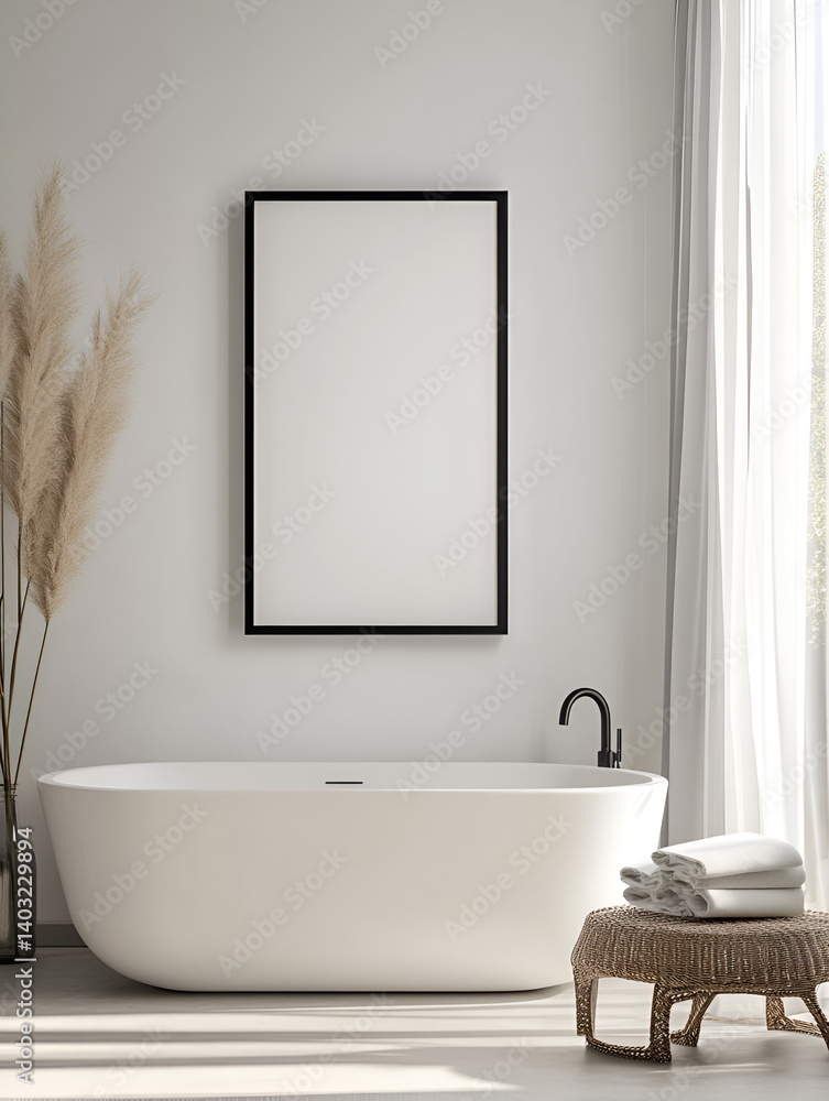 Fototapeta premium Modern minimalist bathroom with bathtub and framed art
