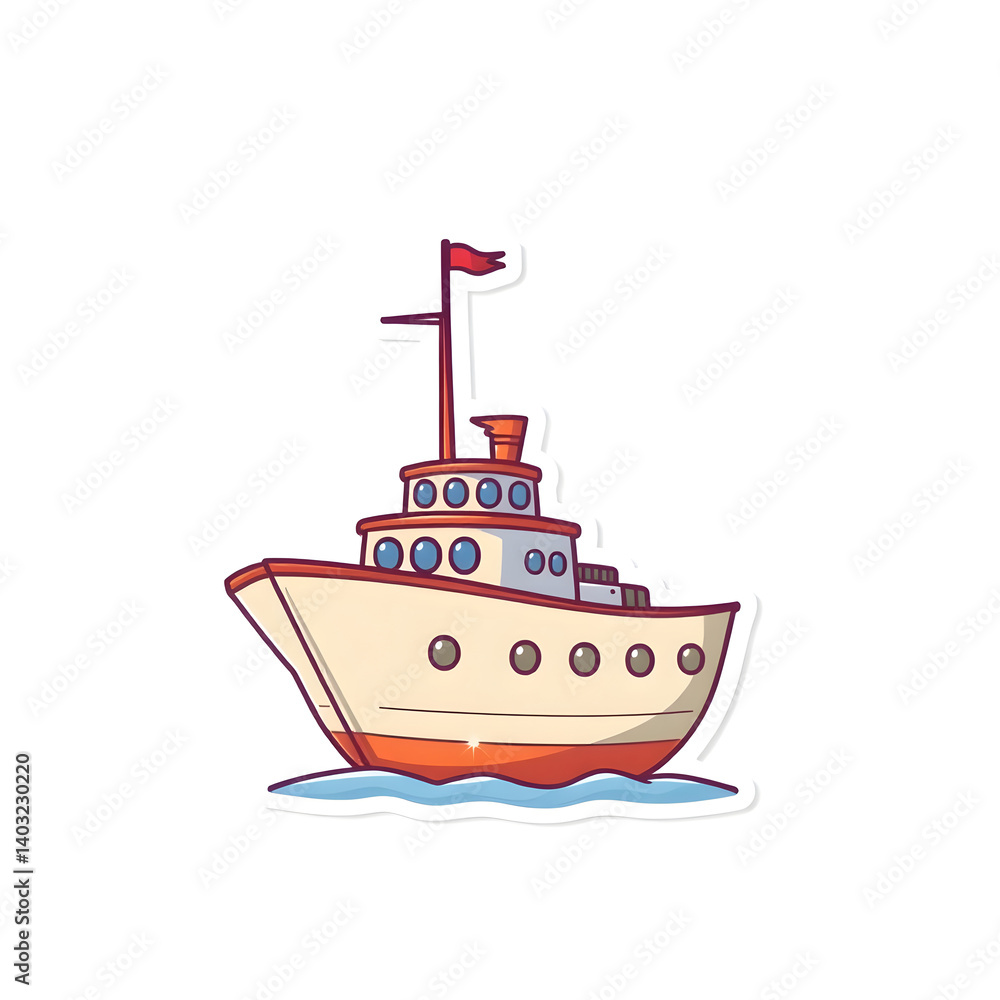 Fototapeta premium Abstract vector kawaii style ship sticker with bright lens flare contrasting colors and contour lines set against a big white background art illustration design