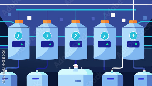 Storage of Stem Cells A cryogenic storage facility with rows of liquid nitrogen tanks each labeled with hightech digital tags preserving different types of stem cells for future